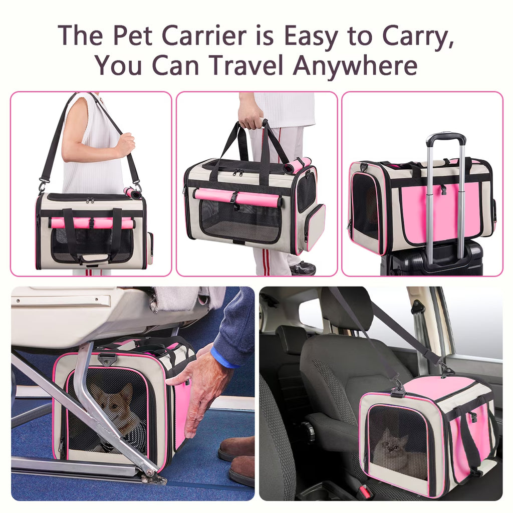 Cshidworld Collapsible Cat Carrier for Large Cats and Small Dogs up to 25Lbs, TSA Airline Approved,Soft-Sided Travel Dog Carrier with a Food/Water Bowl(Pink)