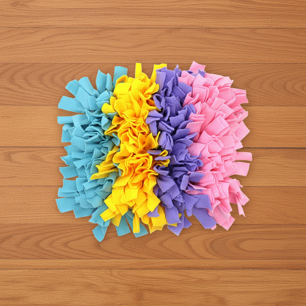 Colorful snuffle mat with blue, yellow, purple, and pink sections on a wood floor
