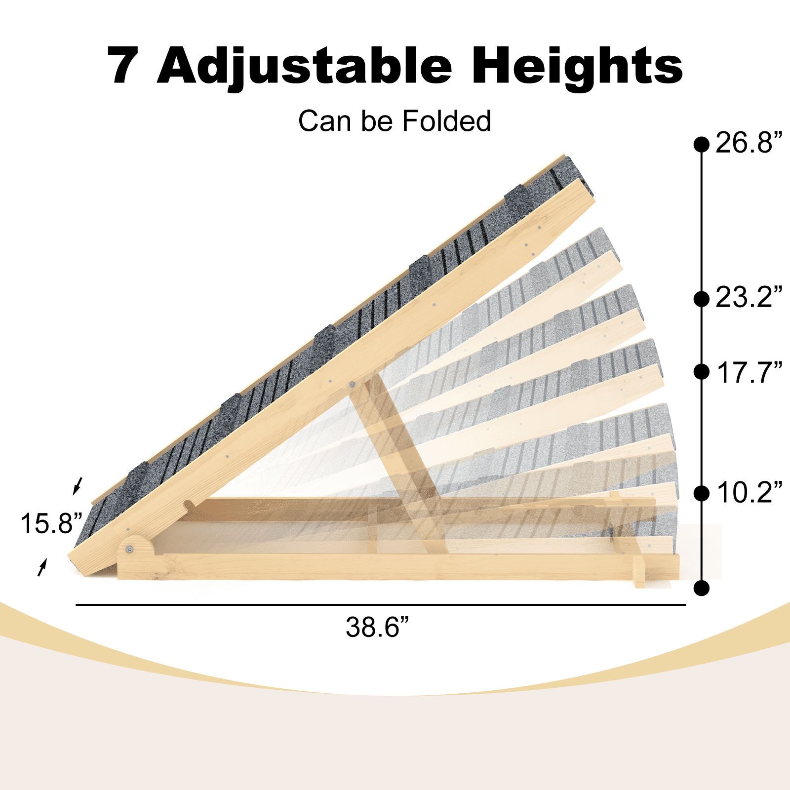 Dog Ramp for Bed W/ 7 Adjustable Heights, Folding Pet Ramp for Small, Large & Cats W/ Non-Slip Surface & Strip, Height from 10.2" to 26.8"(Supports up to 150Lbs)
