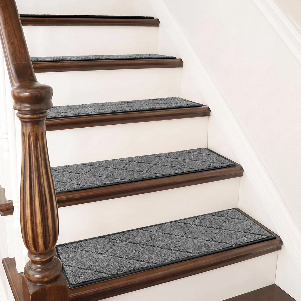 4PCS 30"X8" Non-Slip Stair Treads, Diamond Pattern Indoor Runners, Washable Adhesive TPR Edging, Safety Mats for Kids, Dogs & Elders ，Dark Grey