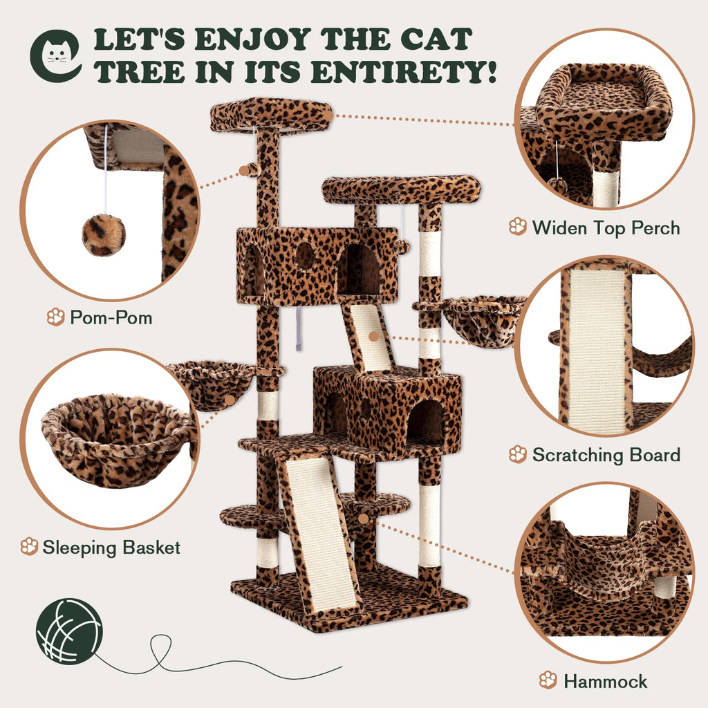 65.7" Large Cat Tree and Tower Condo for Indoor Cats with 2 Scratching Boards, Hammock & Post, Leopard Print