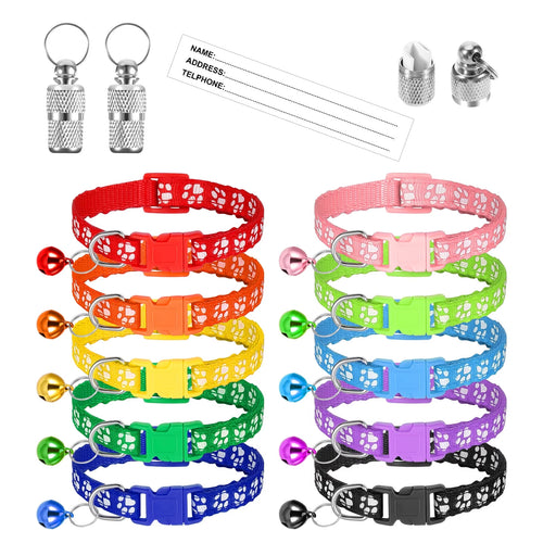 Taihexin 10 Pack Cat Collars with Bells, Puppy Id Collars, Adjustable 7.5-12.6 Inch Safety Buckle Nylon Kitten Collar with Name Tag, Cat Collar for Girl Cats Male Cat (10 Colors & 2 ID Tags)