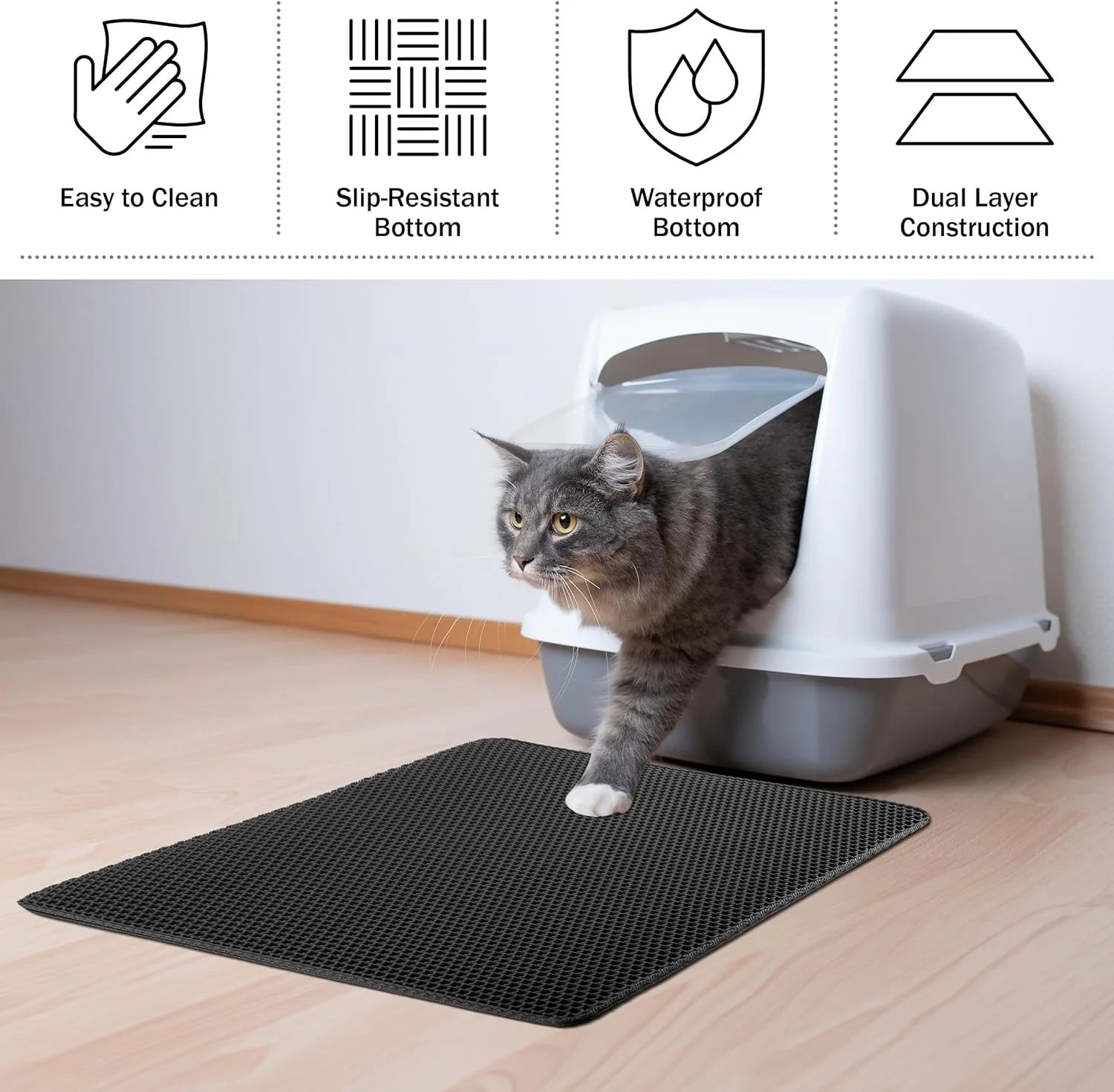 17" X 23" Cat Litter Mat Trapping Match, Honeycomb Double Layer Design, Urine-Proof and Water Proof, Scatter Control, Easier to Clean & Washable(Black)