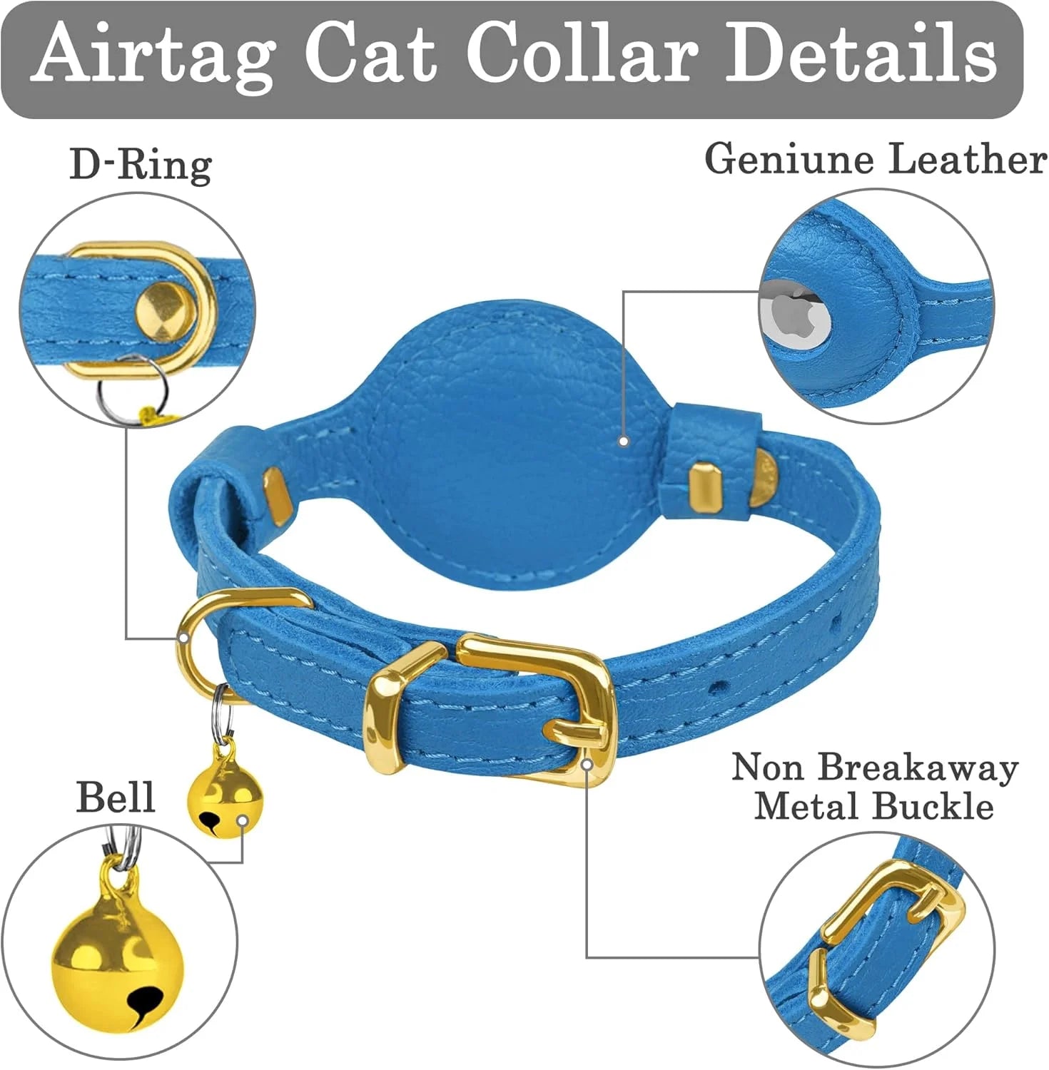 Leather Airtag Cat Collar – Non-Breakaway Kitten Collar for Cats & Small Dogs with Airtag Holder, Safety Bell - Lightweight GPS Pet Collars, Blue