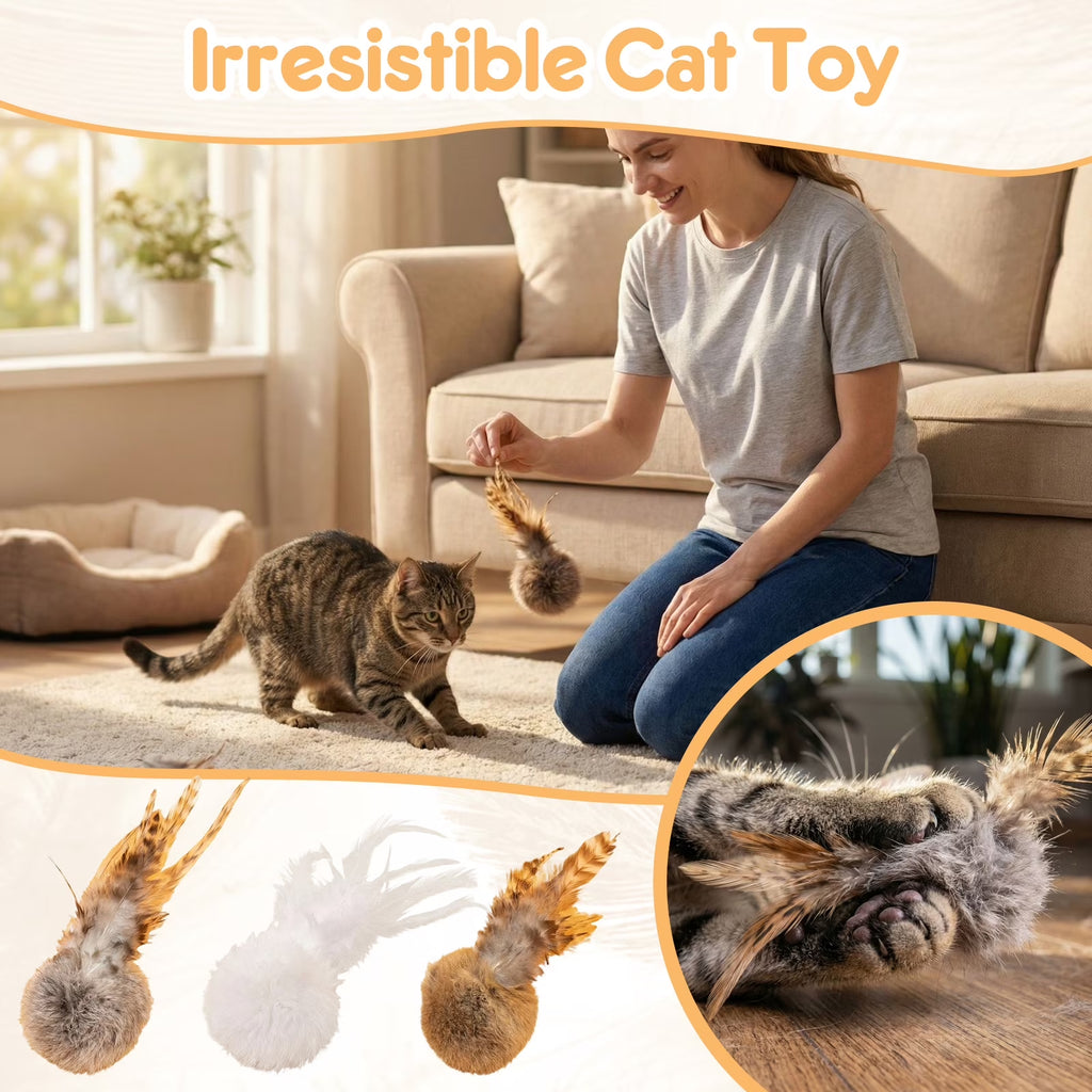 Interactive Cat Toys, Rabbit Ball Cat Toys 6X3 Inch White Cat Feather Toys Enrichment for Indoor Cats, Entertaining Self Play Kitten Toys for Daily Play and Exercise, 1 Pack