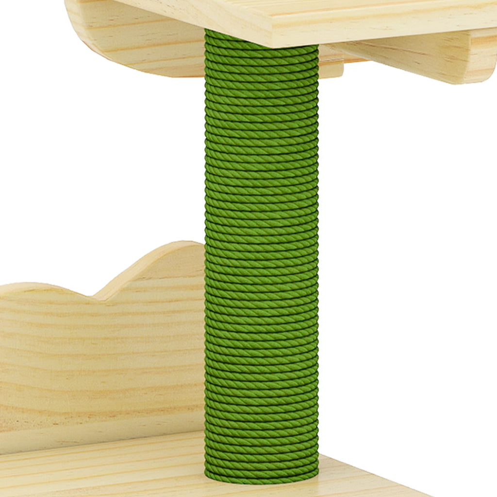 Cat Wall Shelves and Perches, Wooden Wall-Mounted Cat Furniture Set of 8 with House, 4 Perches, 2 Sisal Posts & Pom-Pom Toy for Indoor, Green & Wood