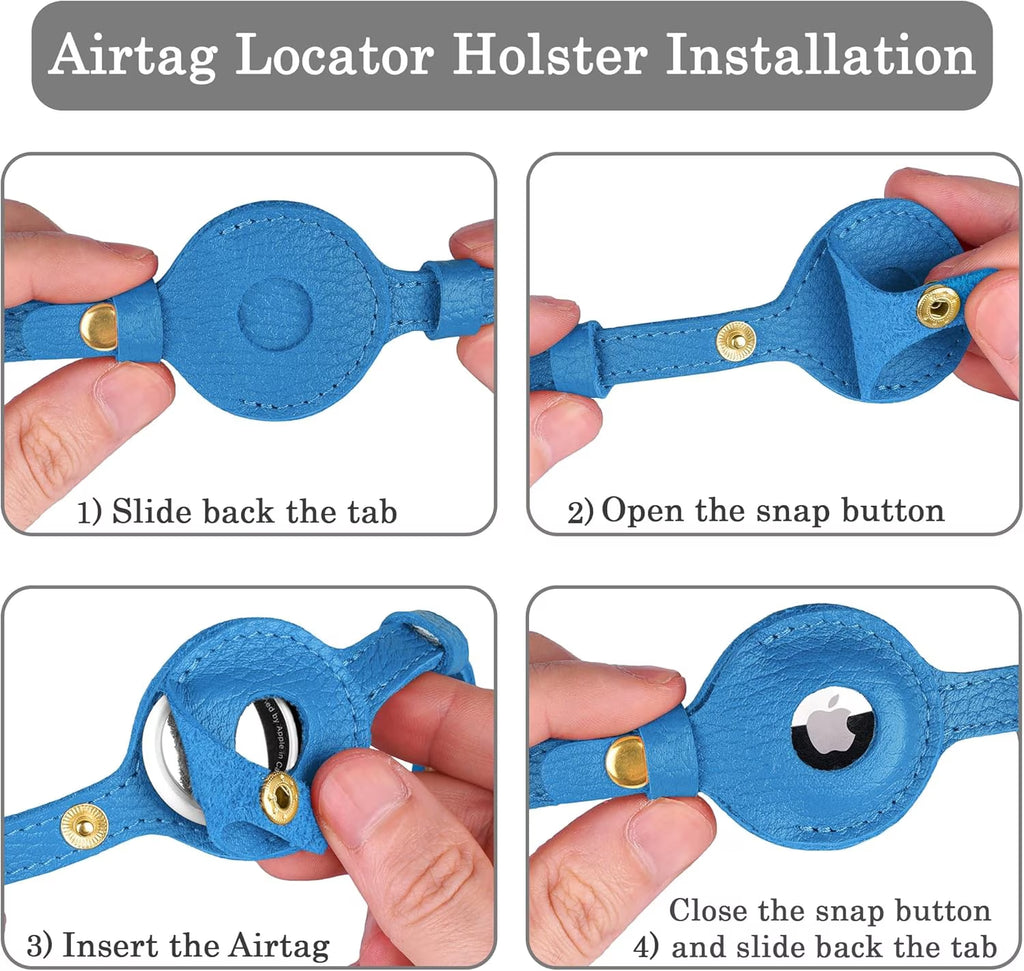Leather Airtag Cat Collar – Non-Breakaway Kitten Collar for Cats & Small Dogs with Airtag Holder, Safety Bell - Lightweight GPS Pet Collars, Blue