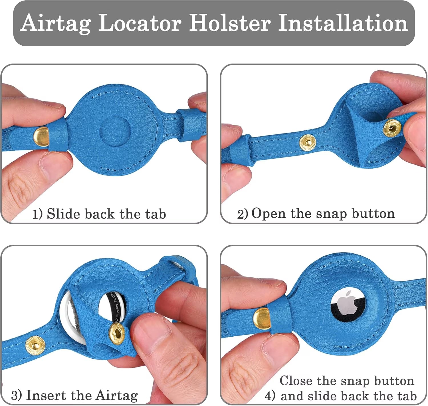 Leather Airtag Cat Collar – Non-Breakaway Kitten Collar for Cats & Small Dogs with Airtag Holder, Safety Bell - Lightweight GPS Pet Collars, Blue