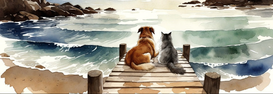 Watercolor-style artwork of a dog and a cat sitting on a wooden dock overlooking a calm sea with rocky shoreline, distant landforms, and blue-gray clouds.