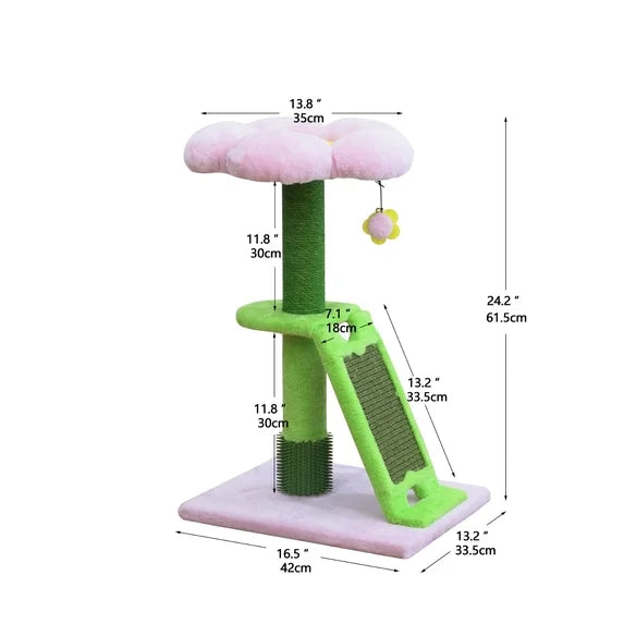 Sunflower Scratch Post with Built-In Massager, Green and Yellow, 24"