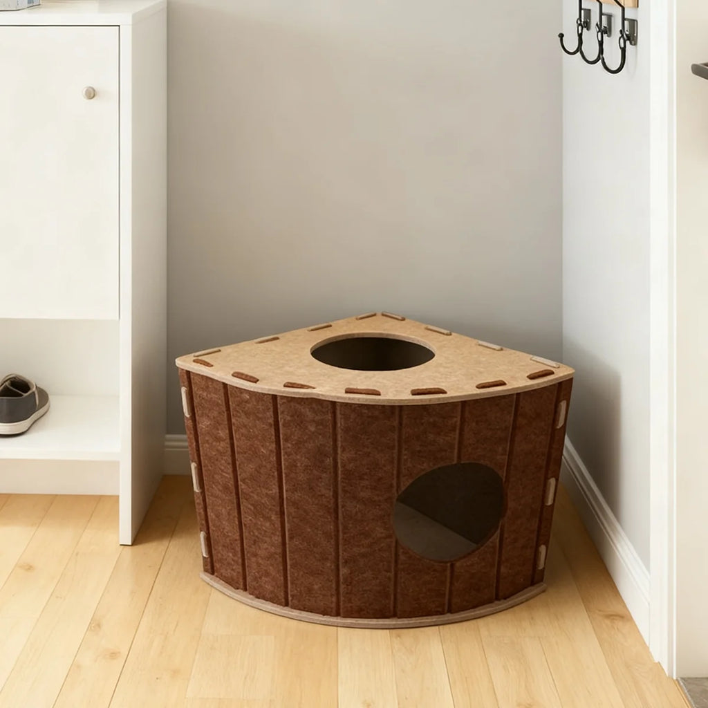 An image of the Calming Villa for Single or Multi-Cat Families placed in a room next to a dresser showing the two entrances