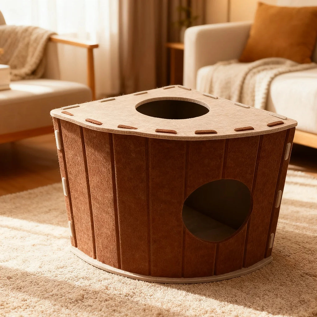 An image of the Calming Villa for Single or Multi-Cat Families placed in a living room next to two couches showing the products scale 