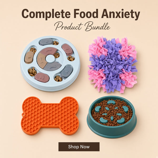A pet product bundle titled 'Complete Food Anxiety Product Bundle' on a beige background, featuring a round multi-compartment puzzle feeder, a bone-shaped lick mat, a snuffle mat, and a teal slow feeding bowl filled with kibble.