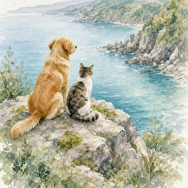 Watercolor-style artwork showing a golden retriever and a tabby-and-white cat sitting on a rocky coastal cliff, overlooking blue ocean water and green cliffs in the distance.