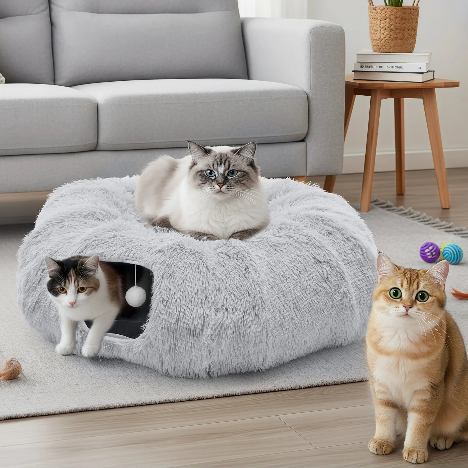 3 cats using the Donut Cat Tunnel Bed, one is laying in the bed on top, one is exiting the tunnel, the other is sitting outside