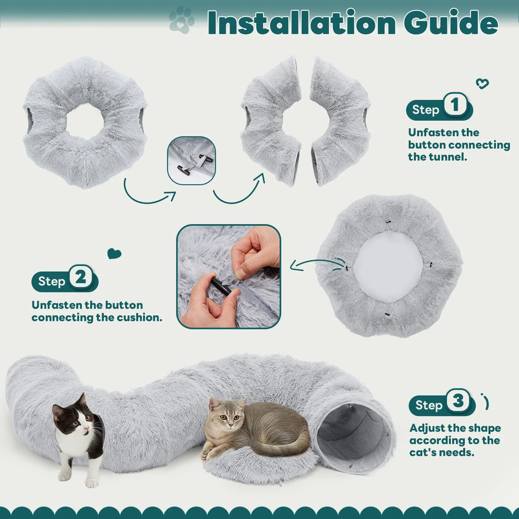 A 3 step installation guide for the Donut Cat Tunnel Bed. Step 1: Unfasten the button connecting the tunnel. Step 2: Unfasten the button connecting the cushion. Step 3: Adjust the shape according to the cats needs. 