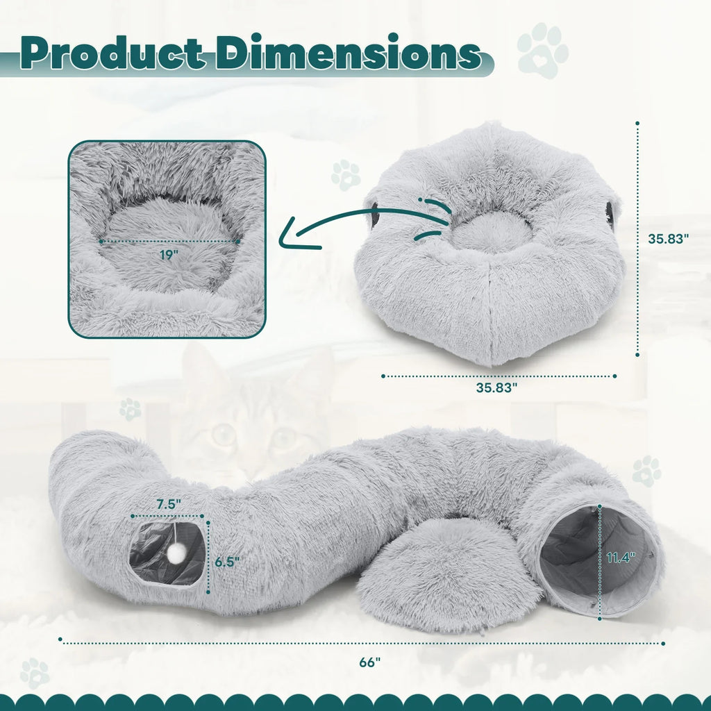 An image of the Donut Cat Tunnel Bed with overlayed measurements of the length, width, and height in imperial units. 