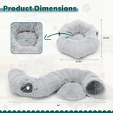 An image of the Donut Cat Tunnel Bed with overlayed measurements of the length, width, and height in imperial units. 