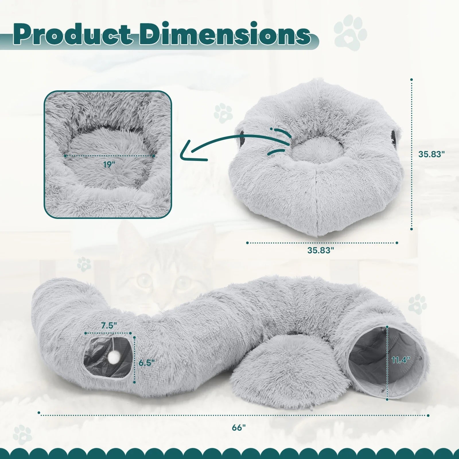 An image of the Donut Cat Tunnel Bed with overlayed measurements of the length, width, and height in imperial units. 