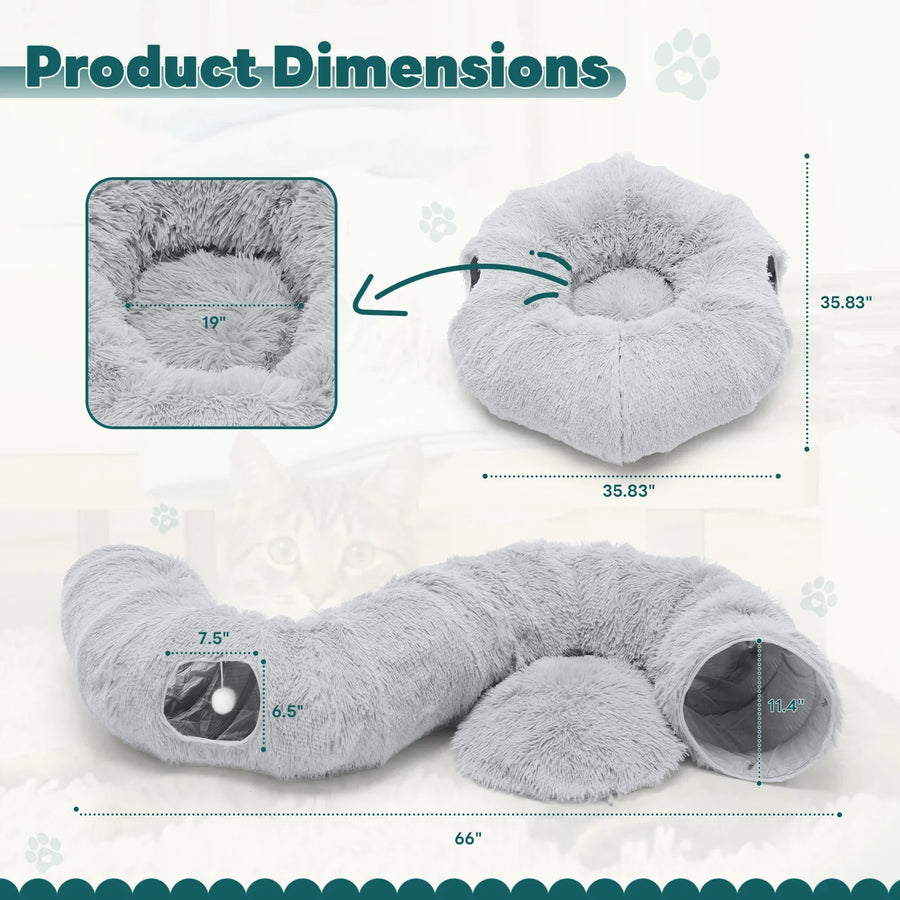An image of the Donut Cat Tunnel Bed with overlayed measurements of the length, width, and height in imperial units. 