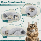 An image showing the 3 different modes of the Donut Cat Tunnel Bed - Full Moon, Half Moon, and S-Shape with descriptive text that says "Free Combination, easy to install, adjustable to different shapes"