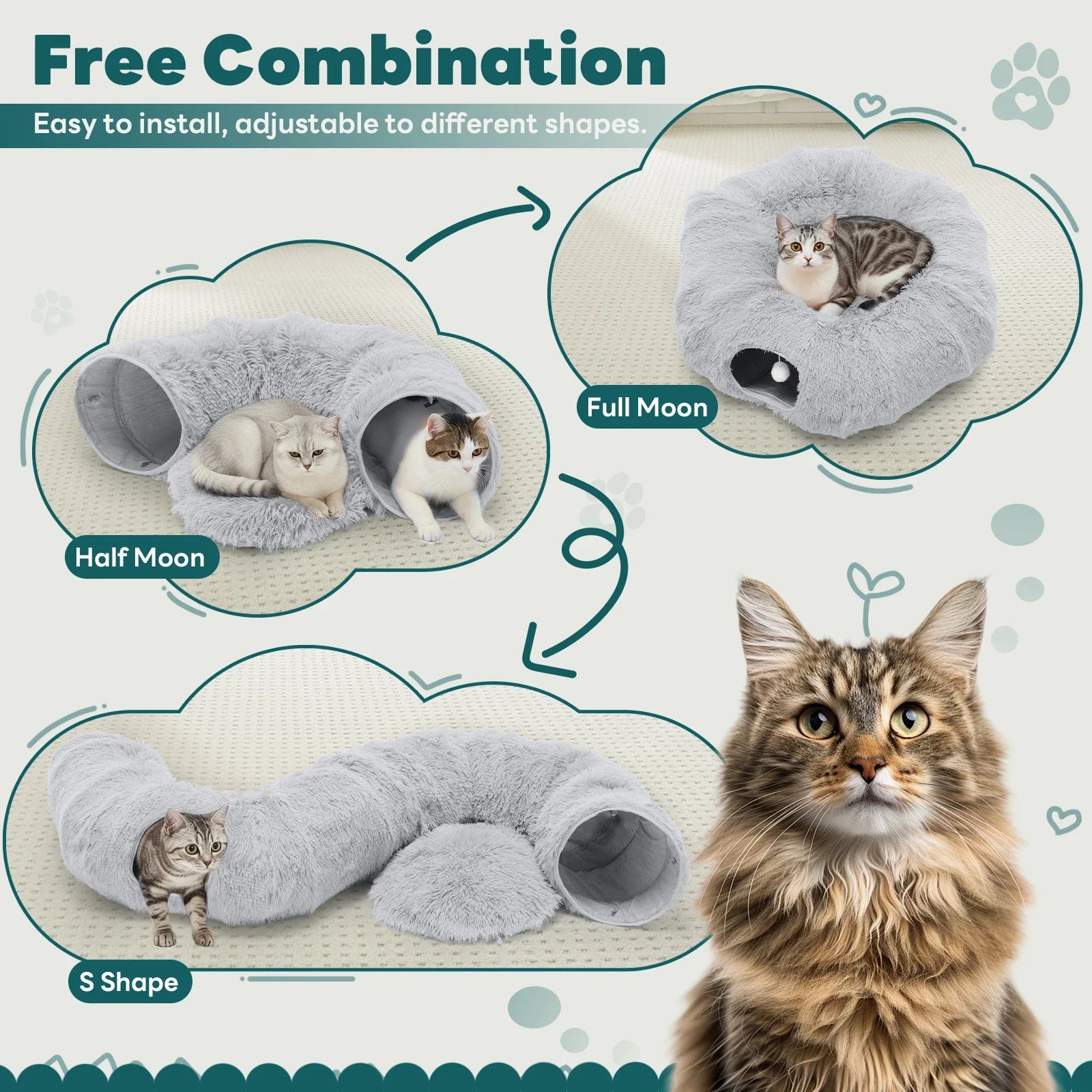 An image showing the 3 different modes of the Donut Cat Tunnel Bed - Full Moon, Half Moon, and S-Shape with descriptive text that says "Free Combination, easy to install, adjustable to different shapes"