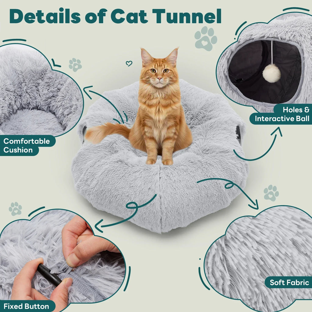 A cat sitting on the Donut Cat Tunnel Bed with various close-up images and descriptive text providing details of the product "Holes and Interactive Ball, Soft Fabric, Fixed Button, Comfortable Cushion"
