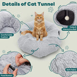A cat sitting on the Donut Cat Tunnel Bed with various close-up images and descriptive text providing details of the product "Holes and Interactive Ball, Soft Fabric, Fixed Button, Comfortable Cushion"