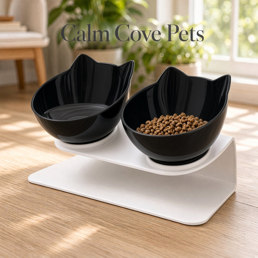 A dual-bowl elevated pet feeder and water bowl set in a bright room. The set features two glossy black cat-shaped bowls on a white two-tier stand, with one bowl filled with water and the other filled with dry kibble.