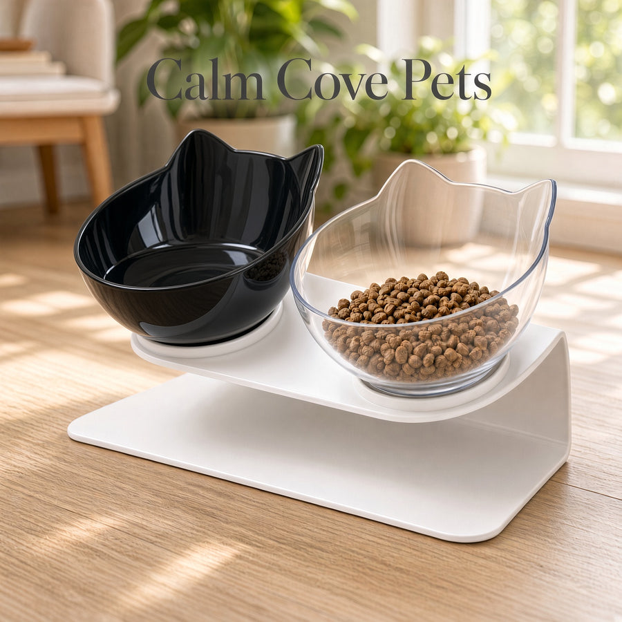 A dual bowl elevated pet feeder and water bowl set on a wooden floor in a bright room. The set includes a glossy black cat-shaped bowl, a clear cat-shaped bowl filled with brown kibble, and a white rectangular base.