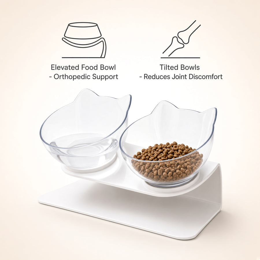 A white elevated pet feeder and water bowl stand with two clear bowls, one empty and one filled with brown kibble. Black line icons and text above explain features: an elevated food bowl for orthopedic support and tilted bowls to reduce joint discomfort.