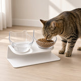 A tabby cat is eating from one bowl while water is in the other, placed on a white elevated pet feeder in a bright indoor room with light wood flooring.