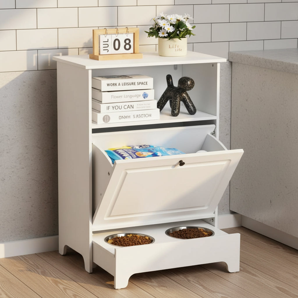 An image of the Elevated Pet Feeding Station with Storage Cabinet showcasing the elevated bowls, pet food in the storage drawer, and lifestyle items on the two shelves
