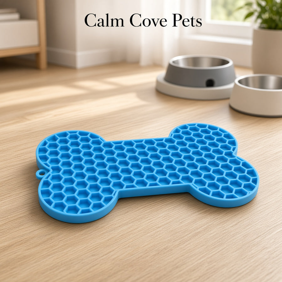 A bright blue bone-shaped silicone mat with a honeycomb texture, placed on a light wood floor in a home setting. Two pet bowls are visible in the background, and the text 'Calm Cove Pets' is displayed at the top.