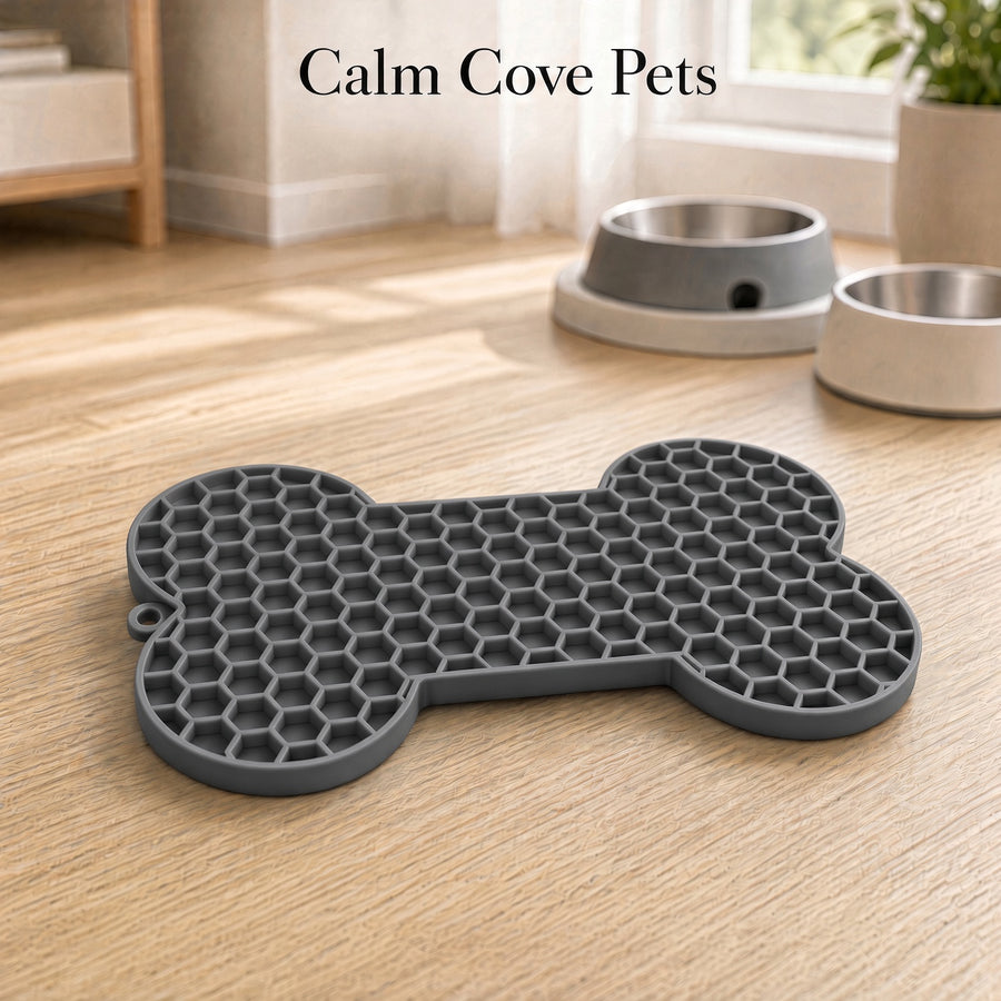 A gray bone-shaped silicone mat with a honeycomb texture, placed on a light wood floor in a home setting. Two pet bowls are visible in the background, and the text 'Calm Cove Pets' is displayed at the top.