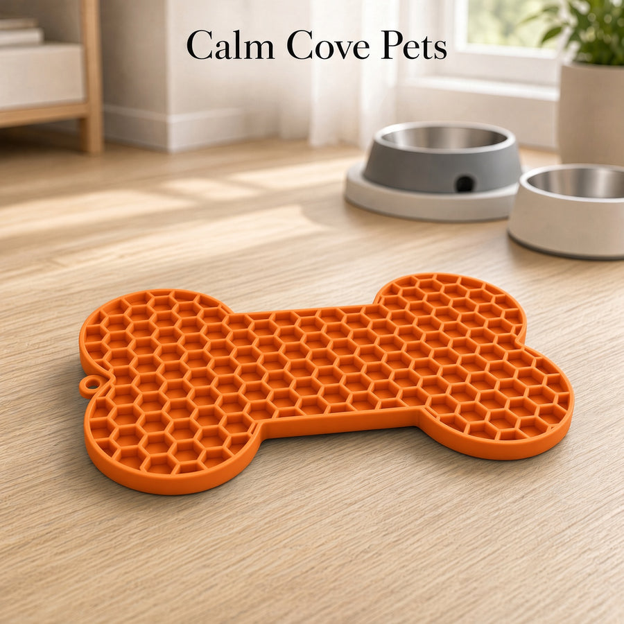 A bright orange bone-shaped silicone mat with a honeycomb texture, placed on a light wood floor in a home setting. Two pet bowls are visible in the background, and the text 'Calm Cove Pets' is displayed at the top.