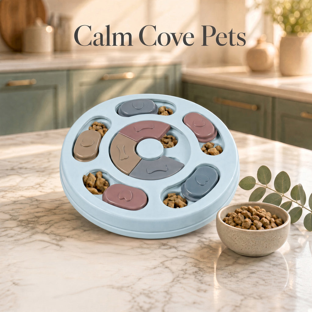A round pet slow feeder toy with multiple compartments sits on a marble kitchen countertop. The toy is light blue with pastel accents in pink, beige, brown, and gray.