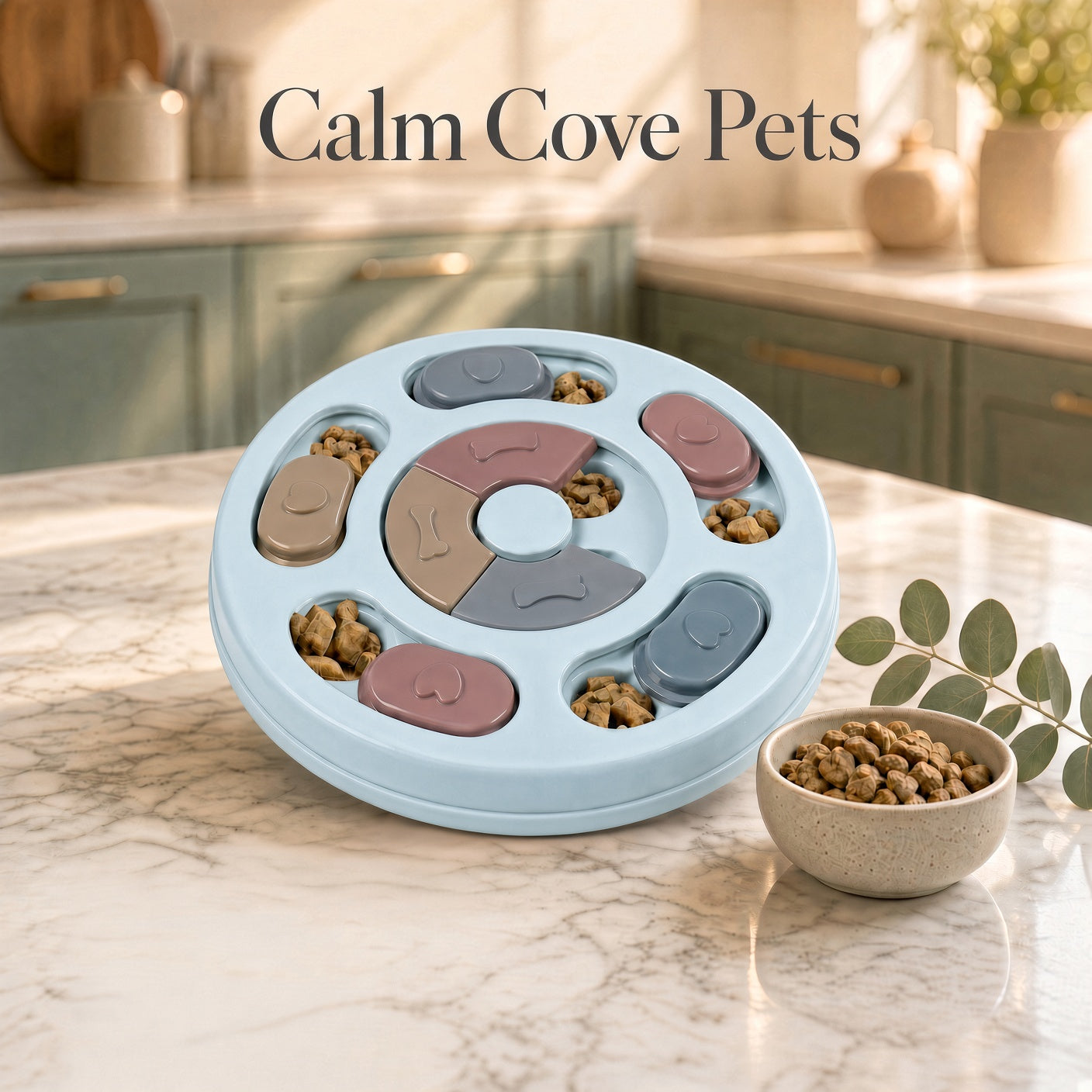 A round pet slow feeder toy with multiple compartments sits on a marble kitchen countertop. The toy is light blue with pastel accents in pink, beige, brown, and gray.