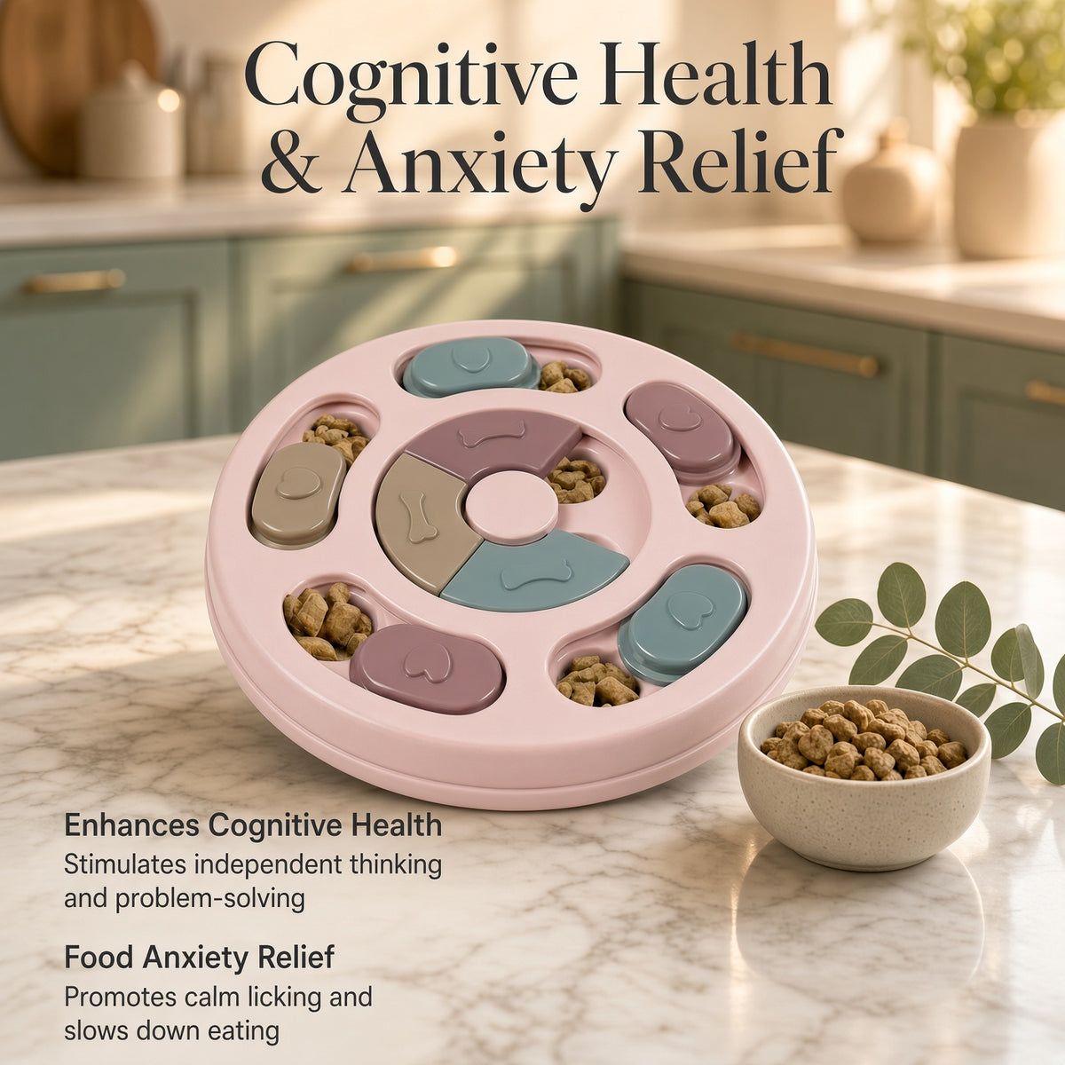 A round pink pet puzzle feeder with multiple colored compartments and kibble inside, shown on a marble kitchen countertop with a bowl of food, decorative leaves, and text overlays reading 'Cognitive Health & Anxiety Relief.'.