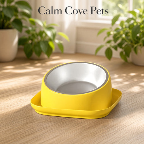 Yellow inclined pet feeder bowl with a stainless steel interior and matching yellow base, shown on a wooden floor with potted plants in the background. The text 'Calm Cove Pets' appears at the top.