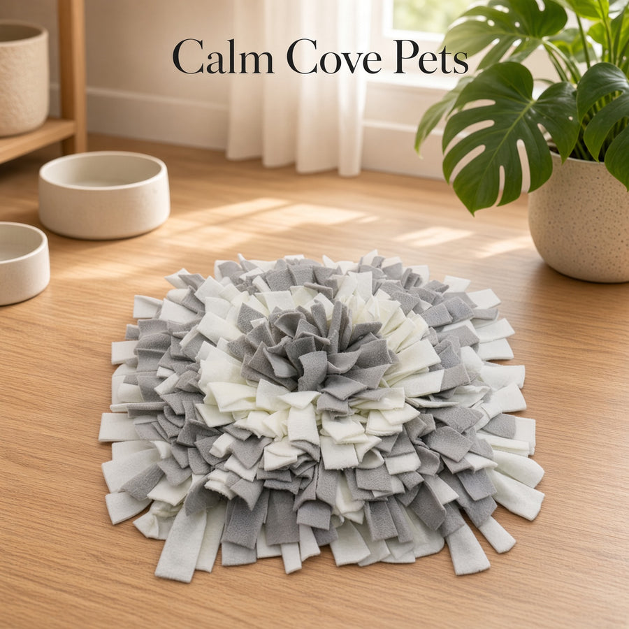 A square pet snuffle mat or chew mat made of layered gray and white felt strips, placed on a light wood floor in a bright room with bowls, a plant, and the text 'Calm Cove Pets' at the top.