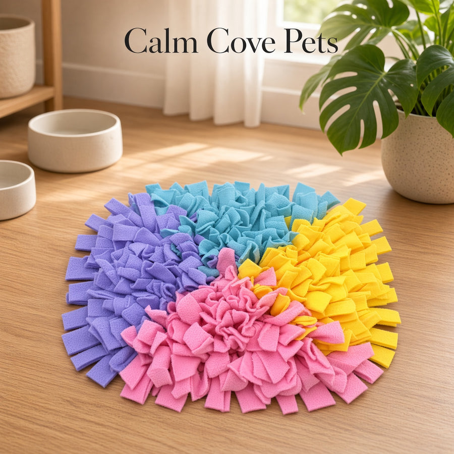 A square pet snuffle mat with four colored sections in pink, blue, yellow, and purple, placed on a wooden floor in a bright room with bowls and a plant.