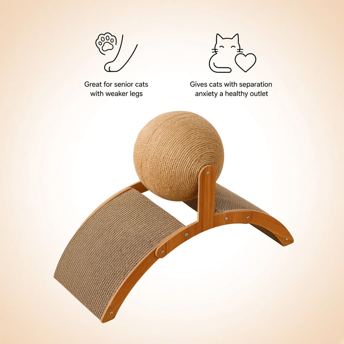 A wooden cat scratcher and ball perch with natural sisal-wrapped surfaces, shown on a warm beige background with two small feature callouts and text about senior cats and separation anxiety.