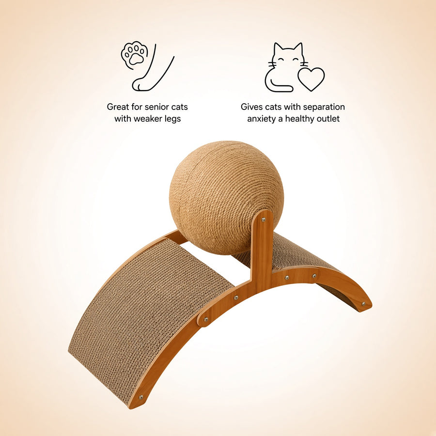A wooden cat scratcher and ball perch with natural sisal-wrapped surfaces, shown on a warm beige background with two small feature callouts and text about senior cats and separation anxiety.