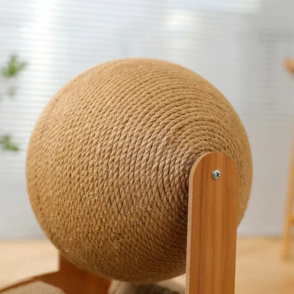 A close up image of the sisal wrapped ball on the Inclined Cat Scratcher with Sisal Ball