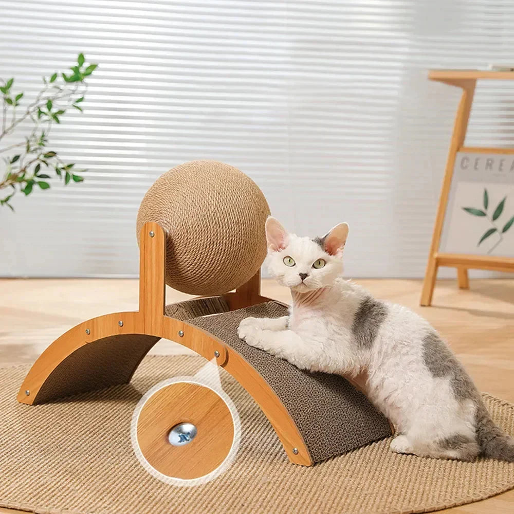 A cat using the Inclined Cat Scratcher with Sisal Ball with a close up lense of a screw assembly on the product