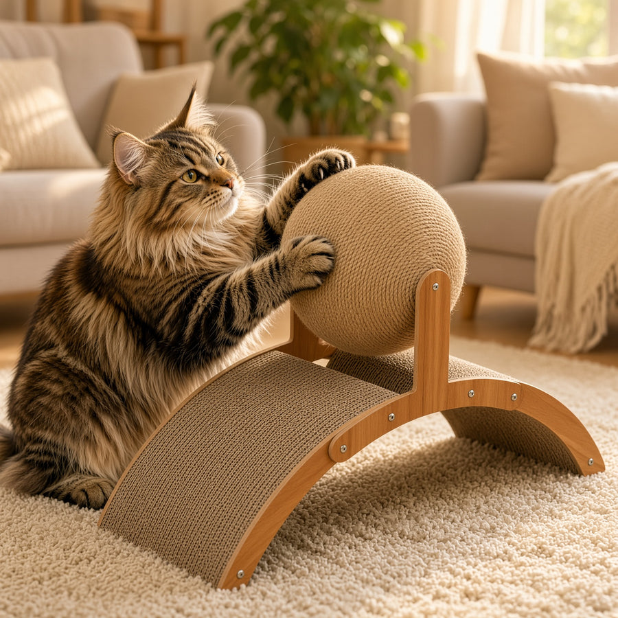 A fluffy long-haired cat stands on a cream rug in a bright living room, pawing at a woven cat scratching ball mounted on a wooden arch-shaped scratching platform.