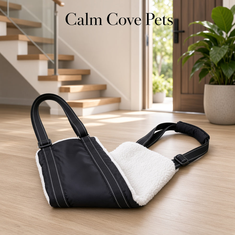A black and white pet mobility support sling with a white sherpa lining, placed on a light wood floor in a modern home interior with a staircase and potted plant in the background. The text 'Calm Cove Pets' is displayed at the top.