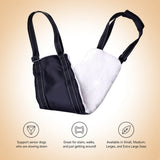 A pet mobility support sling shown from the front and side against a warm beige gradient background, with three feature icons and text below. The bag has a black exterior with white contrast stitching and a white fleece interior lining.