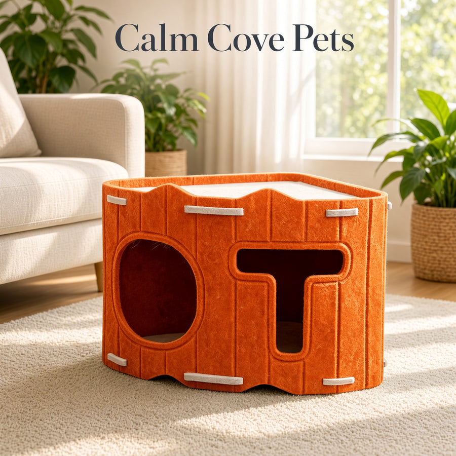An orange modular cat hideaway house shaped like a wooden cabin with two openings, shown on a beige rug in a bright living room. The text 'Calm Cove Pets' appears at the top.